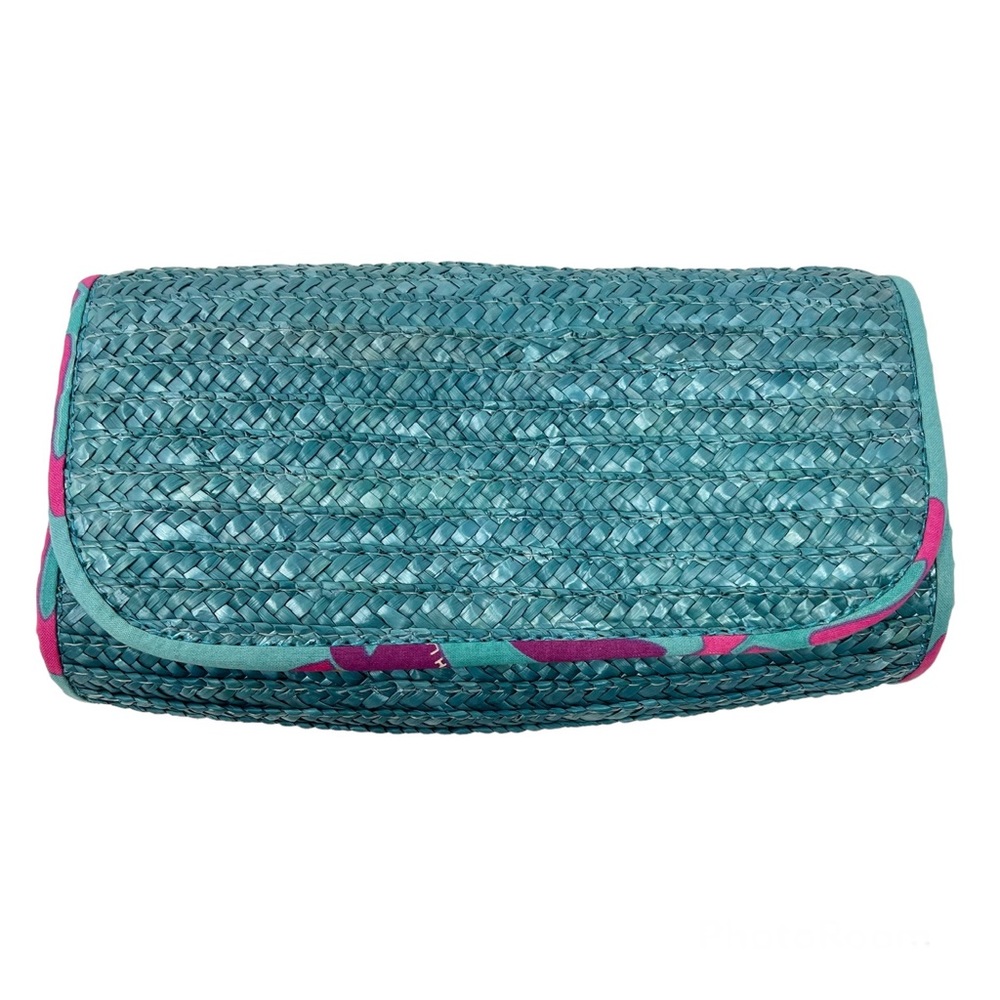 Ralph Lauren Straw Makeup Bag Clutch Turquoise Floral Lined Snap Closure Beachy